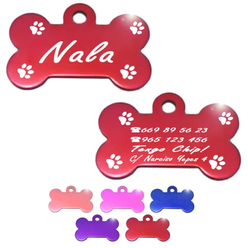 Iberiagifts - Hueso para mascotas muy grandes XL con patas placa chapa medalla de identificación personalizada para collar perro gato mascota grabada (Rojo)