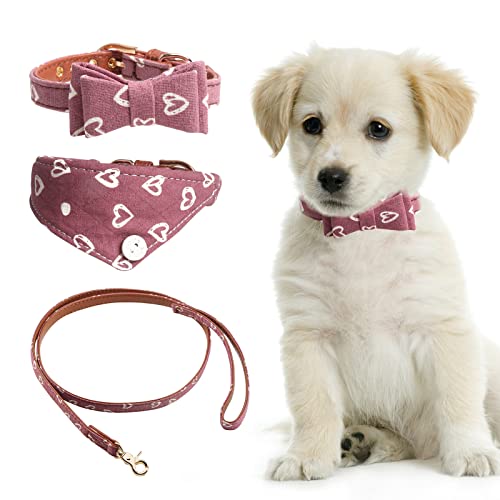 HACRAHO Conjunto de Collar Y Correa para Perro, 3 PCS Patrón de Corazón de Amor Collar de Pajarita para Mascotas Collar de Bandana Y Conjunto de Correa Collar de Perro, Rosa