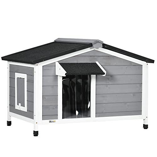 PawHut Caseta para Perros de Madera 97x72x65 cm Casita para Mascotas con Techo Asfáltico Abatible 2 Ventanas Puerta con Cortina y Base Extraíble Gris