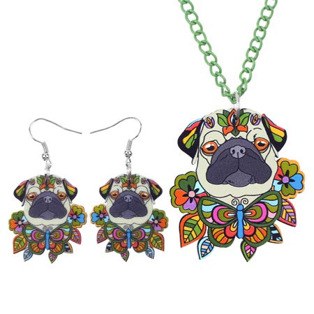 AdronQ®  Ángel acrílico Pug Collar de Perro Pendientes Conjuntos de joyería Gargantilla Collar Joyería de Moda para Mujer Chica