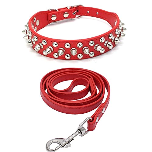 Yiwong Collar de Remache Ajustable + Cuerda de Tracción, Collar de Perro con Remache de Clavo de Bala, Collar para Perro de Piel con Tachuelas