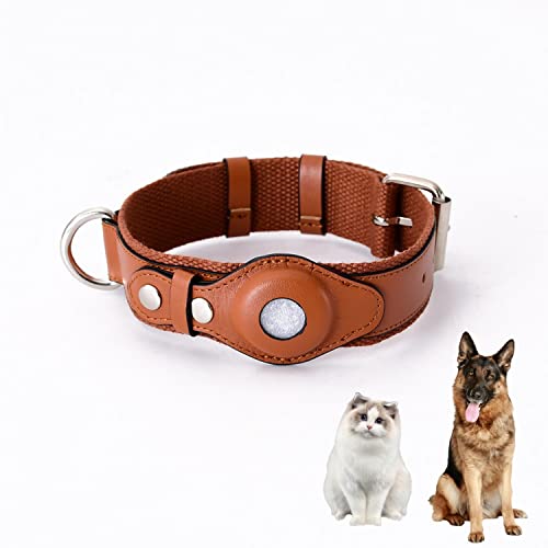 PUSHY.D AirTag Perros Collar Cuero Artificial Suave Durable Inteligente Anti-perdida Ajustable Airtag Protección Collar de Mascotas para Perros Pequeños Medianos y Grandes(Marrón, L)