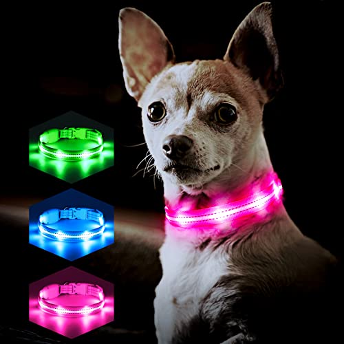 PZRLit Collar luminoso para perro con USB, recargable LED para perros pequeños, medianos grandes, totalmente ajustable y brillante, de seguridad, para perros mientras corre por la noche, XS rosa