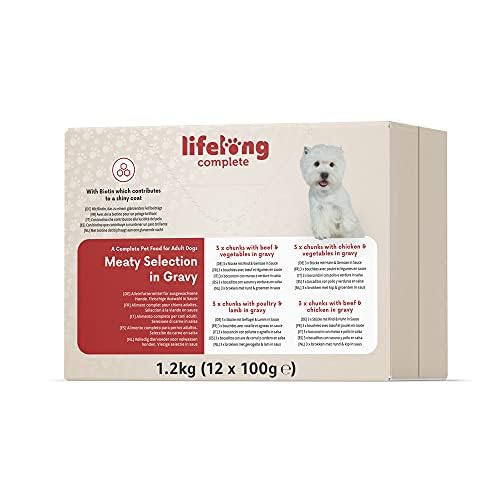 Marca Amazon - Lifelong Alimento completo para perros adultos - Selección de carne en salsa, 1.2 kg (12 paquete de 100g)