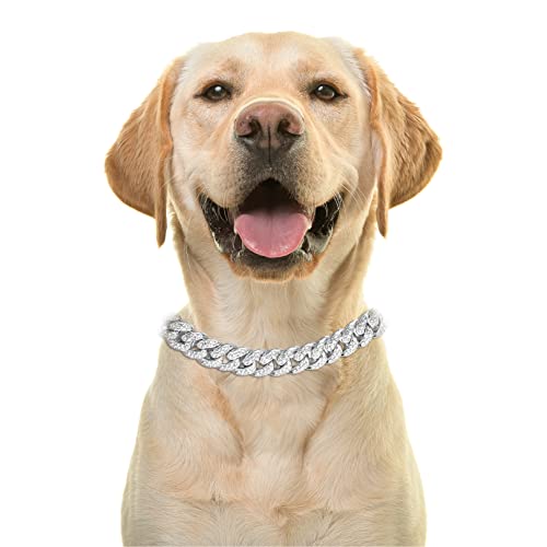 Halukakah Cadena de Oro Iced out para Perro,Diamante Cubano Collar Collarín 14MM Chapado en Oro Blanco Platino 40cm Talla S con Gratis Caja de Regalo,Solo Decoración