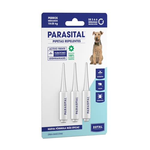 Parasital Pipetas Antiparasitarias para Perros Medianos de 10 a 25 kg - 3x3ml de Zotal - Activo Contra Leishmaniasis y demás Mosquitos, Pulgas y Garrapatas