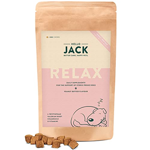 Hello Jack Relax Suplemento Diario para Perros - Masticables Tranquilizante para Perros y Cachorros para Aliviar el Estrés y el Equilibrio Emocional - Sabor a Mantequilla de Cacahuete