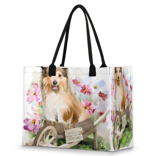 Bolsa de playa para mujeres y niñas, flores de perro, bolsa grande de playa, a prueba de arena, bolsa de hombro reutilizable, bolsa de compras de comestibles con asa, Multicolor, Talla única