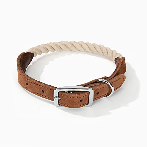 Mile High Life Collar de Cuero Genuino de Cuerda de algodón de Primera Calidad Perro (L, Beige)