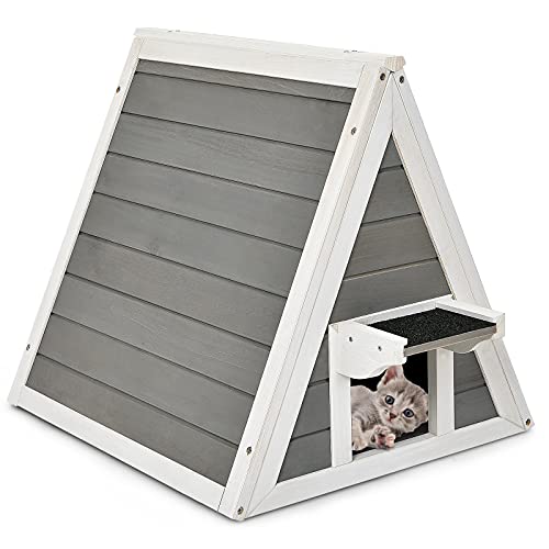 GYMAX 50 x 55 x 52 cm, Caseta para Gatos con Techo Asfaltado y Puerta, Resistente a la Intemperie de Madera, Caseta para Gatos hasta 20 kg, para Interior y Exterior