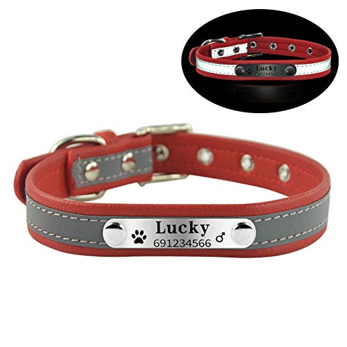 Gulunmun Nombre del Perro Collares Estilo Reflectante Piel Suave Perro de compañía Personalizado Collares Nombre y número de teléfono Grabados - Rojo Reflectante S