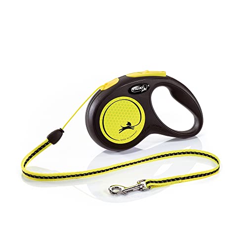 Croci Flexi New Neon Cord, Correa Reflectante Extensible Para Perros, Talla S Hasta 15 Kg, 5 Metros De Largo, Negro Y Amarillo