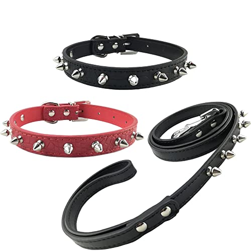 Newtensina 3 Piezas Collar de Perro con Correa Set Moda 2 Piezas Grano de cocodrilo Pinchos Collar de Perro con Perrito Correa para Perros pequeños Perros medianos