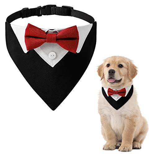 HACRAHO Bandana formal de esmoquin para perro, 1 bandana de algodón con esmoquin rojo para perro, collar de boda con pajarita y corbata para el cuello para perros y gatos, M