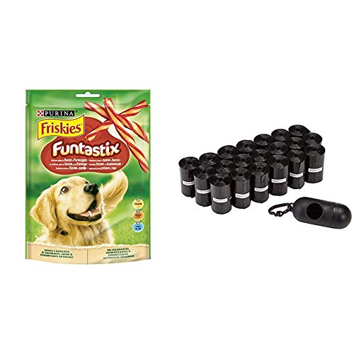 Purina Friskies Funtastix golosinas y chuches para Perros 6 x 175 g + Amazon Basics - Bolsas para excrementos de Perro con dispensador y Clip para Correa (300 Bolsas)