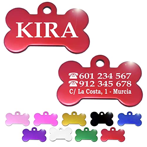 Hueso para mascotas pequeñas-medianas placa chapa medalla de identificación personalizada para collar perro gato mascota grabada (Rojo)