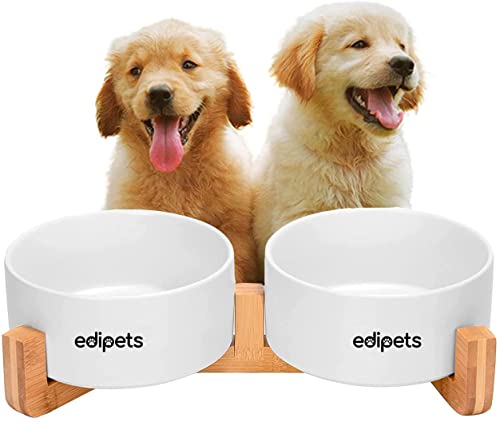 Edipets, Comedero Perro Gato, 400, 800 y 1900 ml, Cerámica, Individual y Doble, Soporte de Bambú Antideslizante, Pequeño Mediano y Grande, 5 Colores (Doble Pequeño, Blanco)