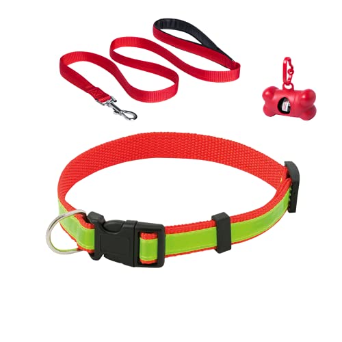 Sudepets- Collar para Perros Reflectante con Correa Larga y dispensador de Bolsas de Caca . Tres Piezas indispensables para Cualquier Paseo con tu Mascota Rojo