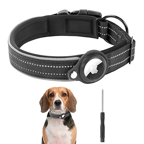 VSSHE Collar para Perros para AirTag, Collar Perro Nylon Reflectante Ajustable, Suave Acolchado Neopreno AirTag Collar Perro, Soporte para Collar Perro con Hebilla de Seguridad Liberable (Negro, M)