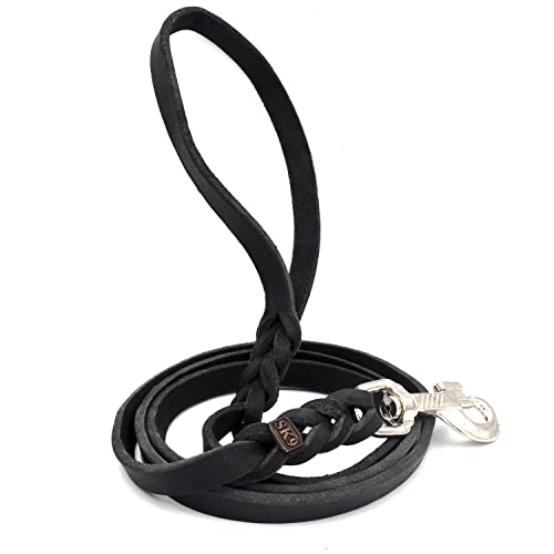 SK9 Correa Perro Pequeño Mediano Cuero Genuino Trenzado y Mosquetón Acero Cromado (10 mm X 150 cm, Negro)