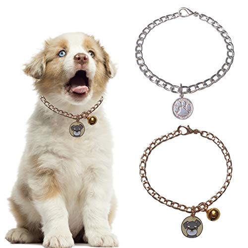 HACRAHO Collar de cadena para perro, 2 unidades de collar de metal ajustable para perro, collar de cadena con campana y colgante para perros pequeños, gatos, oro y plata, 35 cm