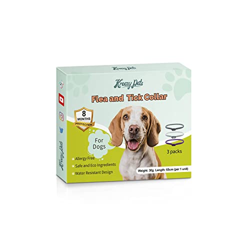 KreezyPets Collar antipulgas para Perros, Collar antiparasitario Perros, 65cm de Largo, Ingredientes Naturales, diseño Resistente al Agua, 3 Packs con Herramienta de eliminación de garrapatas Gratis