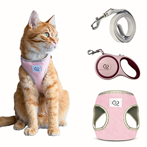 Belffy Conjunto de Arnes y Correa para Gatos con Correa Automática Ajustable para tu Mascota. Chaqueta Transpirable y Correa a Prueba de Escape para Mascotas de Diferentes Tamaños (Mediano, Rosa).