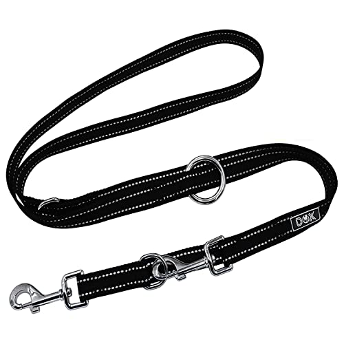 DDOXX Correa Perro Multiposición Nylon Reflectante, Ajustable en 3 tamaños, 2 m | Muchos Colores & Tamaños | para Perros Pequeño, Mediano y Grande | Correa Doble 2 Gato Cachorro | XS, Negro, 2m