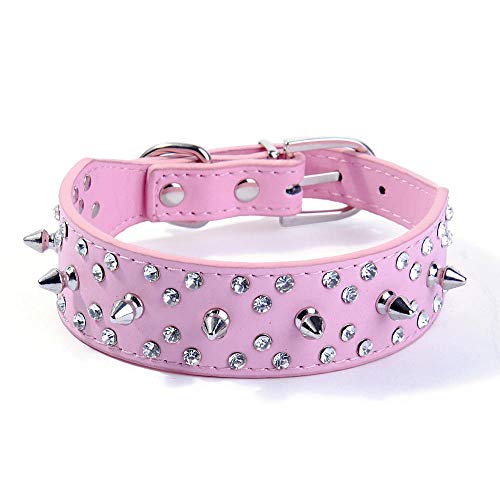 haoyueer Collar de perro con tachuelas y tachuelas, elegante collar de cuero para perro, con remaches de bala y diamantes de imitación, suave y ajustable para perros medianos y grandes (L, rosa)