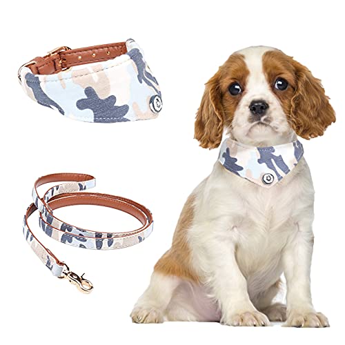 HACRAHO Conjunto de collar y correa para perro, 2 piezas de collar de perro ajustable Bandana y correa de camuflaje para perros medianos, azul