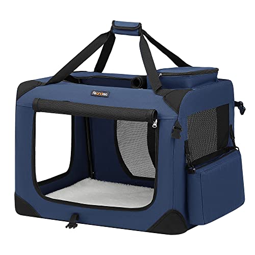 FEANDREA Transportín para Gatos y Perros, Plegable, Tamaño L, Tela Oxford, Malla Transpirable, Portátil, Marco Metálico, con Asas y Bolsillos, 70 x 52 x 52 cm, Azul Oscuro PDC70Z