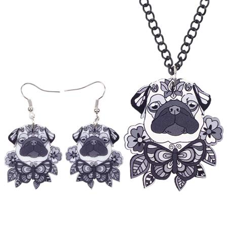 AdronQ®  Collar de Perro de acrílico Pug Collar Pendientes Conjuntos de Joyas Gargantilla Collar Joyería de Moda