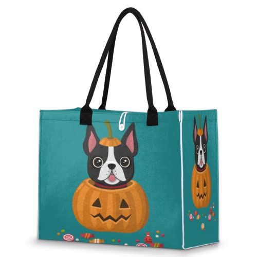 Bolsa de playa para mujeres y niñas, calabaza, divertido perro, bolsa grande de playa, a prueba de arena, bolsa de hombro reutilizable, bolsa de compras de comestibles con asa, Multicolor, Talla única