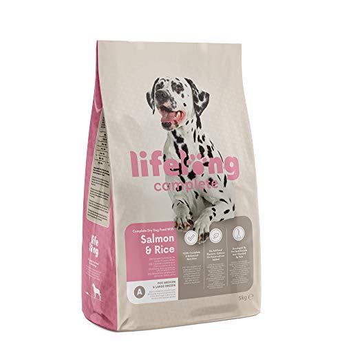 Marca Amazon - Lifelong Complete- Alimento seco completo para perros adultos con salmón y arroz, 5kg, Paquete de 1