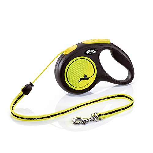 Croci Flexi New Neon Cord, Correa Reflectante Extensible Para Perros, Talla M Hasta 25 Kg, 5 Metros De Largo, Negro Y Amarillo