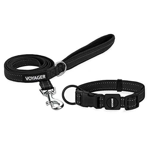 Voyager - Juego de collar reflectante para perro con mango de neopreno que soporta cachorros de raza pequeña, mediana y grande, lindo y resistente para caminar, correr y entrenar, negro, M