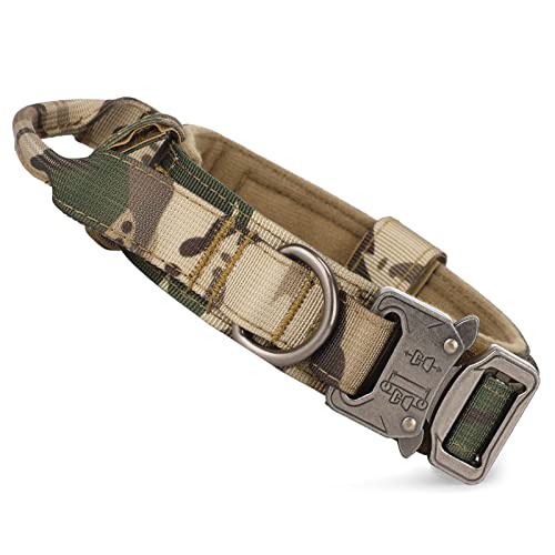 Huntvp Collar Táctico para Perros con Mango de Control, Ajustable Collar de Nailon con Hebilla de Metal, para Perros Medianos Grandes Caza Al Aire Libre Entrenamiento, Camo-M