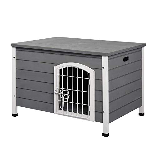 PawHut Caseta para Perros de Madera Jaula Casa para Mascotas con Puerta de Alambre con Cerradura y Asas Huecas Laterales para Interior y Exterior 80x55x53,5 cm Gris