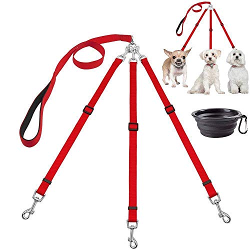 MoSANY Correa de perro de 3 vías + un cuenco de viaje plegable, acoplador ajustable de nailon sin enredos, desmontable, 3 en 1, correa para perro, mascota, gato, cachorro con mango acolchado suave