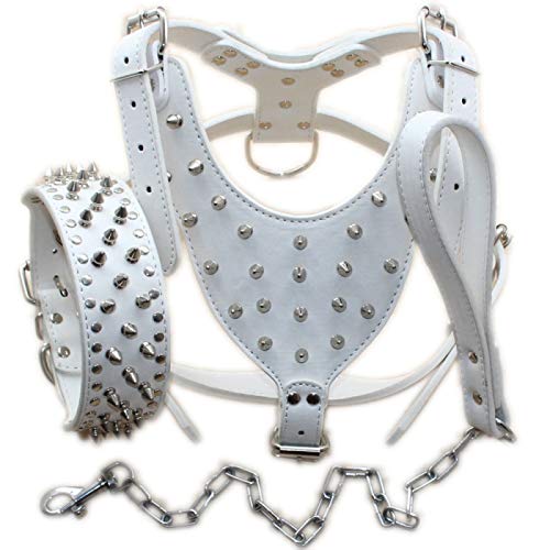 haoyueer Collares de perro medianos y grandes, arneses y correas de cadena, juego de 3 piezas a juego para Pit Bull, Mastín, Boxer, Bull Terrier (M, Blanco)