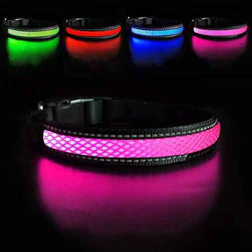 MASBRILL Collar Luminoso Perro de Mascota, 3 Modos Collar Perro Luz con Recargable y Impermeable, Ajustable Collares Destello LED para Perros Pequeños/Medianos/Grandes(Rosa M)