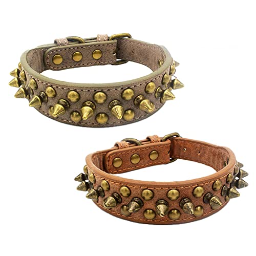 Newtensina 2 Piezas Retro Bronce Tachonado Perro Collar Perrito Collar con Remaches para Pequeño Perros Medio Perros