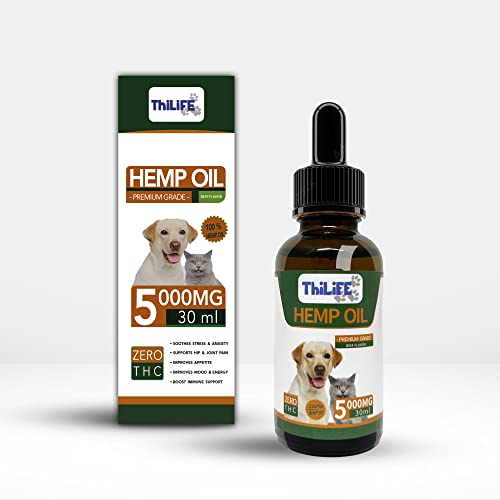 Aceite de Cáñamo Calmante con Cabor a Carne para Perros y Gatos 5000 MG|30 ml | Omega 3 6 9 y Vitaminas A/B1/B2/D3/E| Complemento alimenticio antiestrés|Reduce la Ansiedad y Mejora el sueño