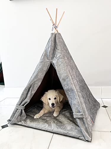 Tiendas de campaña Tipo Tipi para Perros y Gatos con Cortinas. Cama para Perros de Material Suave, Cueva para Gatos. (L (70x70x100 cm), Gris)