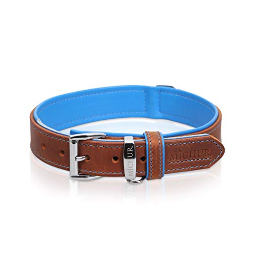 MICHUR Charly Cielo Collar de Cuero para Perros, Cuello, marrón con Costuras Azules y un Anillo para la Placa de identificación, Cuero, Disponibles en Diferentes tamaños, 62cm