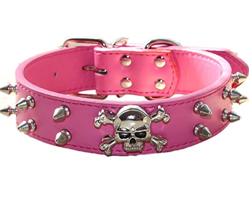 haoyueer Collar de perro de cuero con pinchos, 2 filas de remaches de bala de piel sintética, accesorios geniales para mascotas de calavera para perros medianos y grandes (M, rosa intenso)