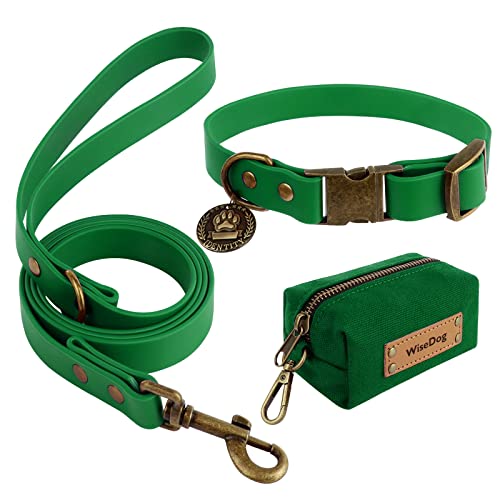 Wisedog Set de Collar y Correa Impermeable para Perros: Collar Ajustable para Perros, Correa clásica para Perros con Soporte para Bolsas de Caca (L, Verde Intenso)