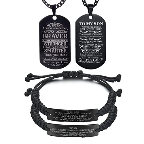 Juego de 2 collar de etiqueta de perro personalizado para el hijo de mamá y papá, con pulsera ajustable trenzada para graduación, cumpleaños, San Valentín (acero inoxidable, negro), 4pcs, Sin gemas.