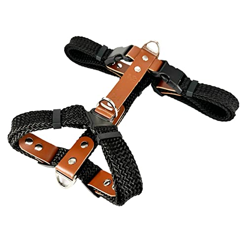 AVANZONA Arnes H para Perros Anti-tirones para Paseos y Entrenamiento, Cuero y Nylon, Hecho en España. Coñac&Negro