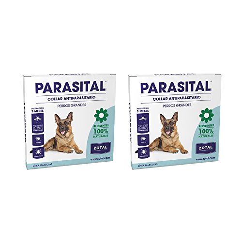 Parasital Collar Antiparasitario de 75 cm para Perros Grandes de Zotal, Pack de 2 - Repelente de Pulgas, Garrapatas y Mosquitos. Actúa contra el Phlebotomus Transmisor de Leishmaniosis - 100% Natural